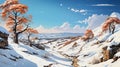 Winter village snowy landscape with pines forest and hills. Drawing art and paint style. Horizontal nature scene AI Generative.