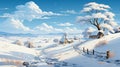 Winter village snowy landscape with pines forest and hills. Drawing art and paint style. Horizontal nature scene AI Generative.