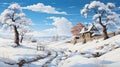Winter village snowy landscape with pines forest and hills. Drawing art and paint style. Horizontal nature scene AI Generative.