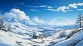 Winter village snowy landscape with pines forest and hills. Drawing art and paint style. Horizontal nature scene AI Generative.