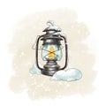 Winter vintage greeting card with rustic lantern, snow