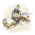 Winter vintage greeting card with rustic lantern, titmouse, fir branches, retro sleigh