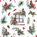 Winter vintage style decorative seamless pattern with cardinal birds. Watercolor illustration. Hand drawn Christmas Royalty Free Stock Photo