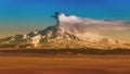 Winter volcanic landscape at sunrise, eruption crater active volcano