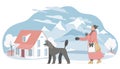 Winter walk with dog, cartoon woman walking with own doggy Royalty Free Stock Photo