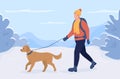 Winter walk with dog flat color vector illustration