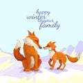 Fox Mother And A Little Young Fox Walk In The Winter. Vector Illustration