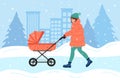 Winter walk of young mother with baby stroller. Woman in winter outerwear pushing pram for newborn, carriage for little child. Royalty Free Stock Photo