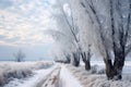 Winter walking path and trees covered with hoar frost