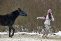 Winter walks with horse Royalty Free Stock Photo