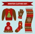 Winter warm clothes icon set, flat style. Christmas clothing,apparel collection with patterns. Hat, scarf, gloves Royalty Free Stock Photo