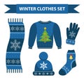 Winter warm clothes icon set, flat style. Christmas clothing,apparel collection with patterns. Hat, scarf, gloves Royalty Free Stock Photo