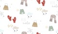 Winter warm cozy seamless pattern with with hats and mittens