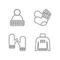 Knit icon set. Knitting clothes, knitted samples thin line sign. Hat, mittens, socks, sweater and other hand-knitted