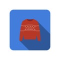 Winter warm red sweater knitted scandinavian flat icon with long shadow