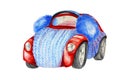 Winter warmed car, red and blue avto, retro machine in fur headphones, watercolor illustration, isolated