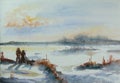 Winter water color landscape with blue clouds in the sky
