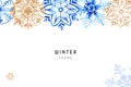 Winter watercolor background with blue and golden snowflakes on white.