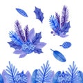 Winter watercolor border with stylized blue leaves and twigs and Christmas tree decorations. Bouquets of pine twigs and leaves
