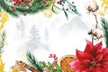 Winter watercolor Christmas background. Mountain and forest silhouette, fir tree branches, cotton, Christmas flower.