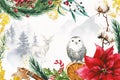 Winter watercolor Christmas background. Raindeer, white owl, mountain, forest, fir tree branches, Christmas flower. Royalty Free Stock Photo