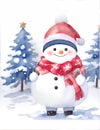 Winter watercolor Christmas greeting card with cute snowman, Christmas card, Copy space, new year