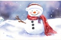 Winter watercolor Christmas greeting card with cute snowman, Christmas card, Copy space, new year