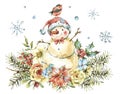 Winter Watercolor Christmas greeting card with cute sowman, flowers Royalty Free Stock Photo