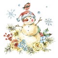 Winter Watercolor Christmas greeting card with cute sowman, flowers