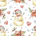 Winter Watercolor Christmas seamless pattern with cute sowman