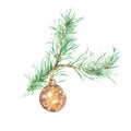 Winter Watercolor christmas tree branch with golden glass bauble ornament, isolated on white background. Royalty Free Stock Photo