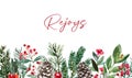 Winter watercolor greenery border made of pine branches, green leaves, red berries. Christmas frame with pine branches Royalty Free Stock Photo