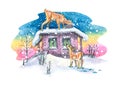 Winter watercolor illustration, a rustic house against the background of dawn, sunset, with cute, curious fawns. For the