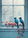 Bullfinches perching on the trees on the background of a decorated window. Winter watercolor illustrations