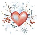Winter watercolor natural greeting card with red heart, snowflake