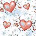 Winter watercolor natural seamless pattern with red heart