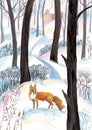 Winter watercolor pattern or poster design with foxes and trees silhouettes. Watercolor pattern with fox.