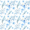 Winter watercolor seamless pattern with candles,