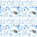 Winter watercolor seamless pattern with candles,