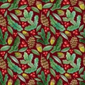 winter watercolor seamless pattern with pine branches, cones, acorns and red berries. hand drawn christmas wrapping