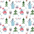 Winter watercolor seamless pattern with snowman