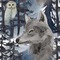 Winter watercolor seamless pattern with wolf in forest Royalty Free Stock Photo