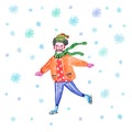 Christmas and New Year illustration with young men skating on ice rink in red warm sweater.