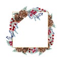 Winter watercolor square frame with berries, fir cones, fir branches. Hand-drawn Christmas illustration. For invitations