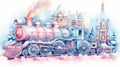 Winter watercolor train on white background. Neural network AI generated