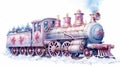 Winter watercolor train on white background. Neural network AI generated