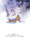 Winter watercolor vintage card with house covered snow Royalty Free Stock Photo
