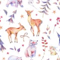 Watercolor seamless pattern with polar bears, deer Royalty Free Stock Photo