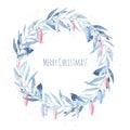 Winter watercolor wreath of blue braches and toys, hand drawn on a white background Royalty Free Stock Photo