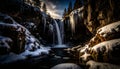 Winter Waterfall Scene with Snow, Icicles, and Rocks Royalty Free Stock Photo